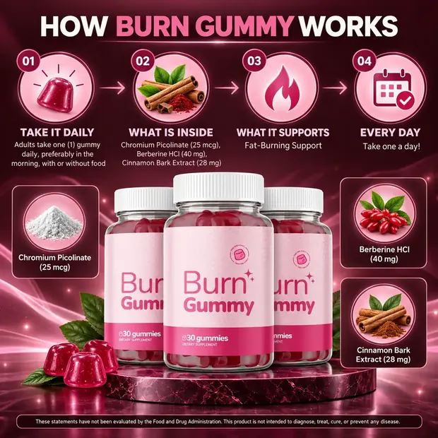 How Burn Gummy works graphic: take it daily, what is inside, what it supports, every day