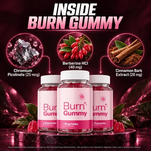 Inside Burn Gummy graphic: chromium picolinate 25 mcg, berberine HCl 40 mg, cinnamon bark extract 28 mg