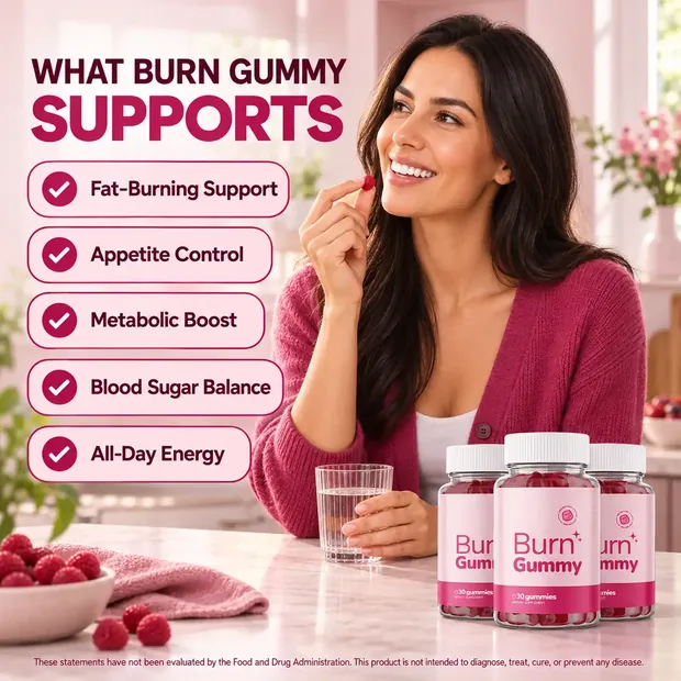 What Burn Gummy supports graphic with a smiling woman eating a gummy in a kitchen