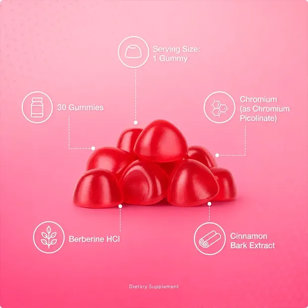 Pile of red gummies with callouts: serving size 1 gummy, 30 gummies, chromium, berberine HCl, cinnamon bark extract