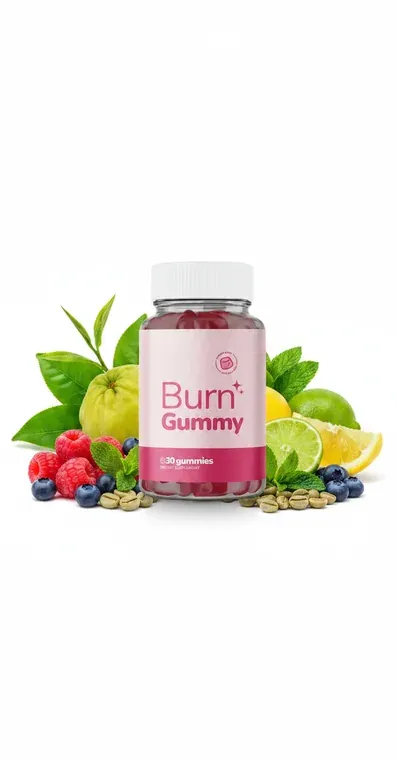 Small Burn Gummy bottle surrounded by berries, citrus and green leaves