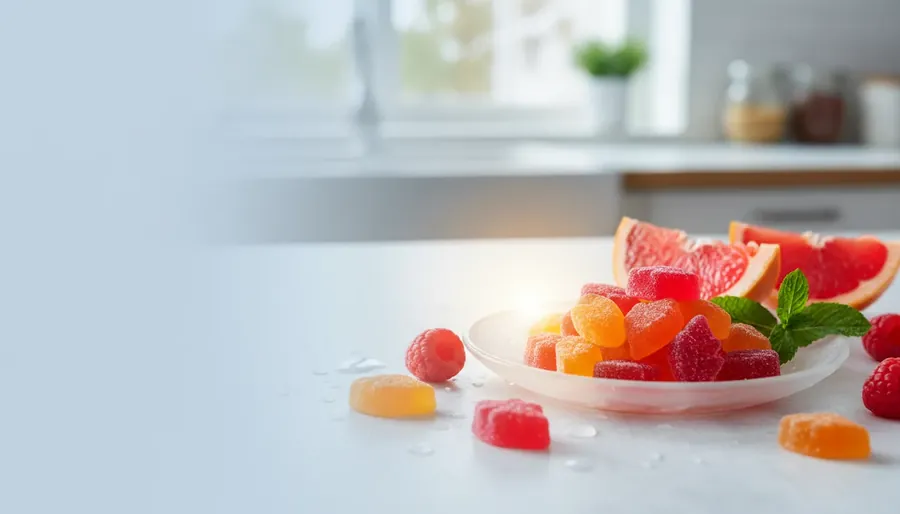Colorful gummies and grapefruit on a plate in a bright kitchen